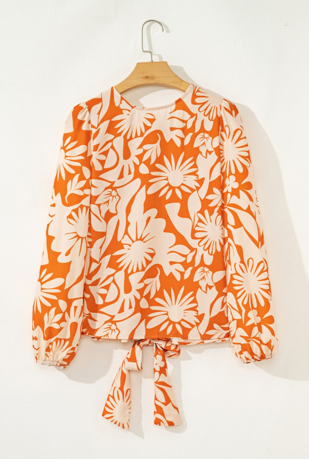 Floral Print Knotted Open Back Long Sleeve Blouse