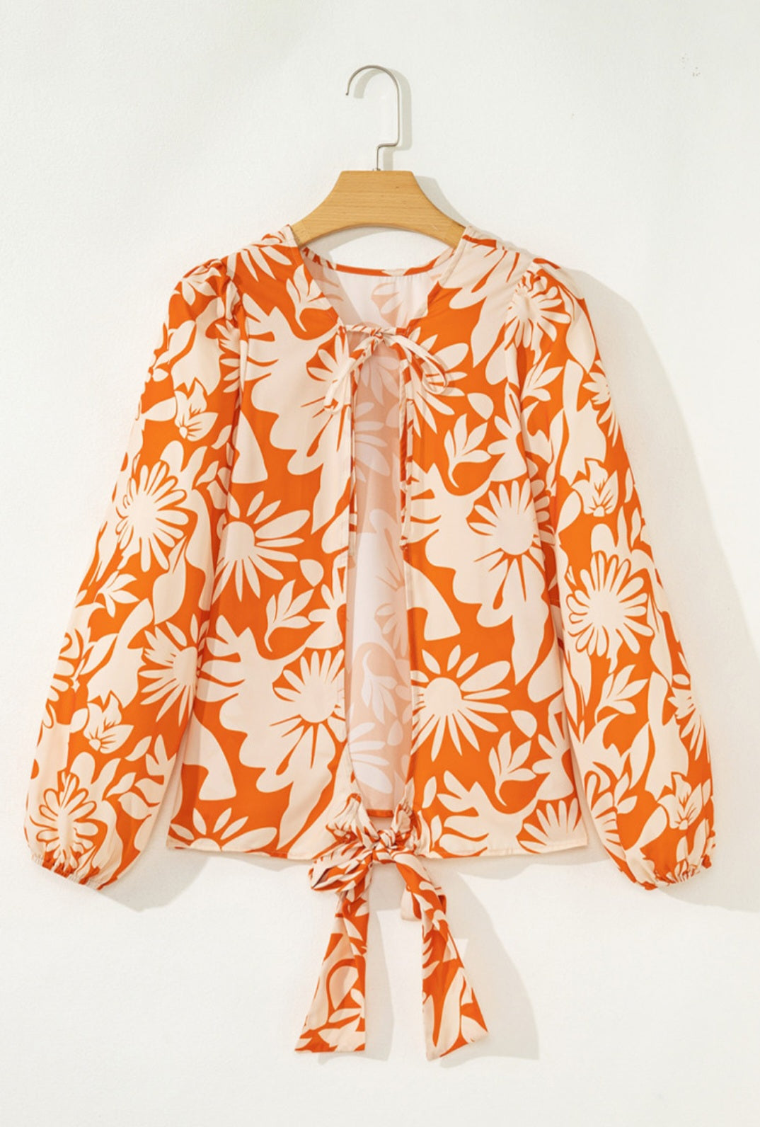 Floral Print Knotted Open Back Long Sleeve Blouse