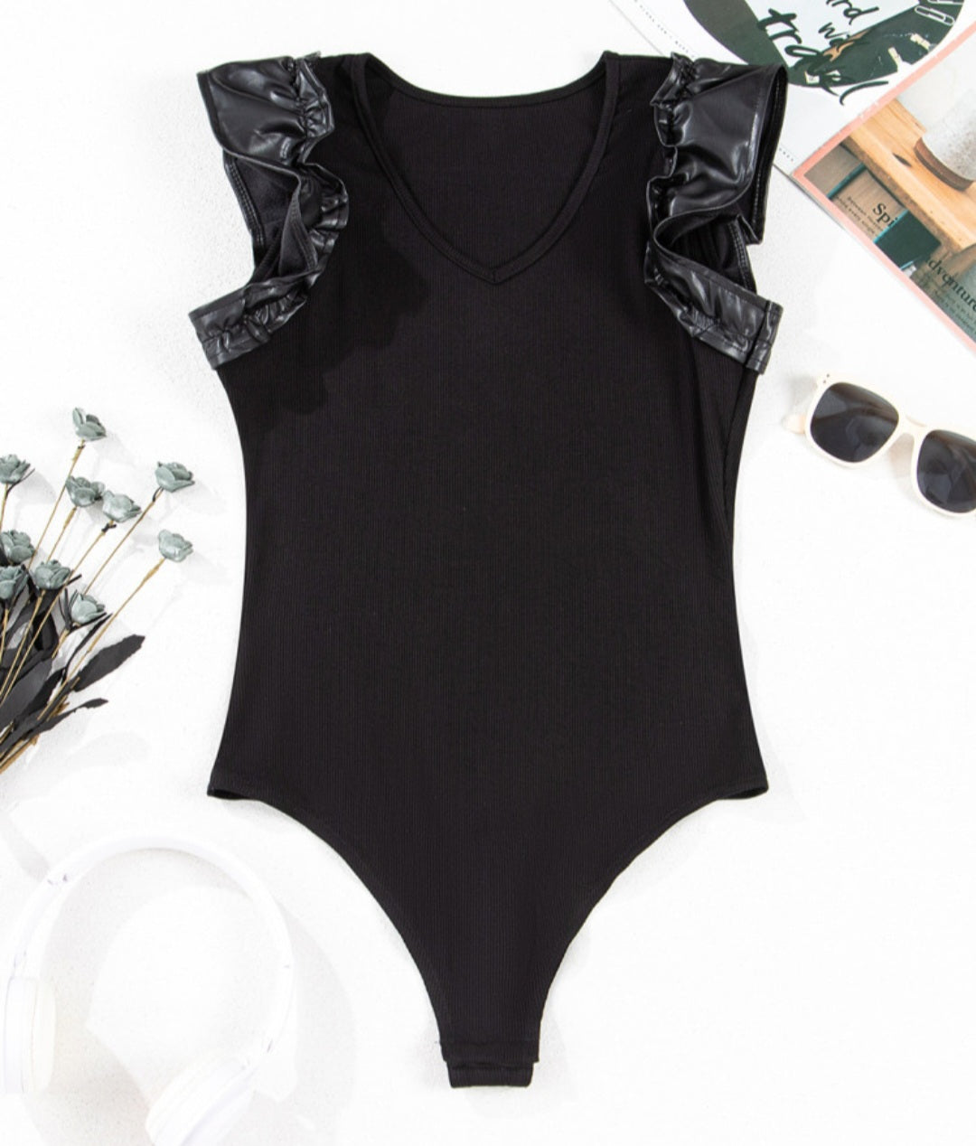 Black Leatherette Ruffle Patchwork Bodysuit