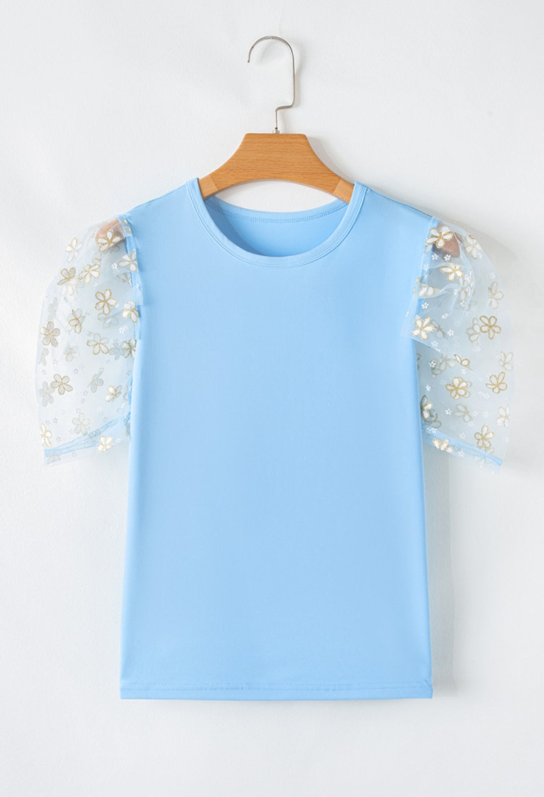 Blue Floral Mesh Plush Sleeve Top